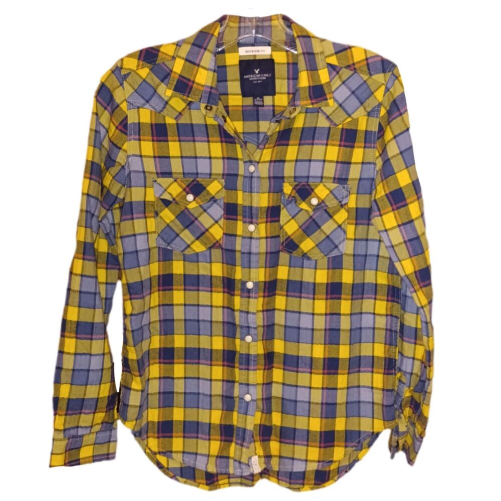 American Eagle Boyfriend Fit Yellow Plaid Pearl Snap Shirt Size XS Western Y2K